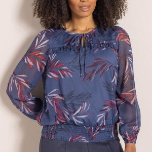 leaf printed chiffon smocked hem top