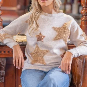 sequin and tinsel star knitted christmas jumper